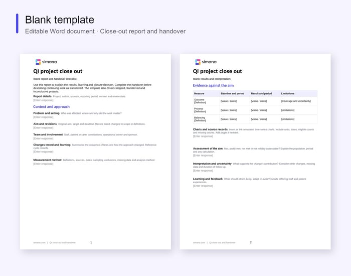 Blank QI close-out report showing project context and results summary