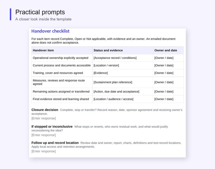 QI handover checklist for ownership, process documents, monitoring and follow-up