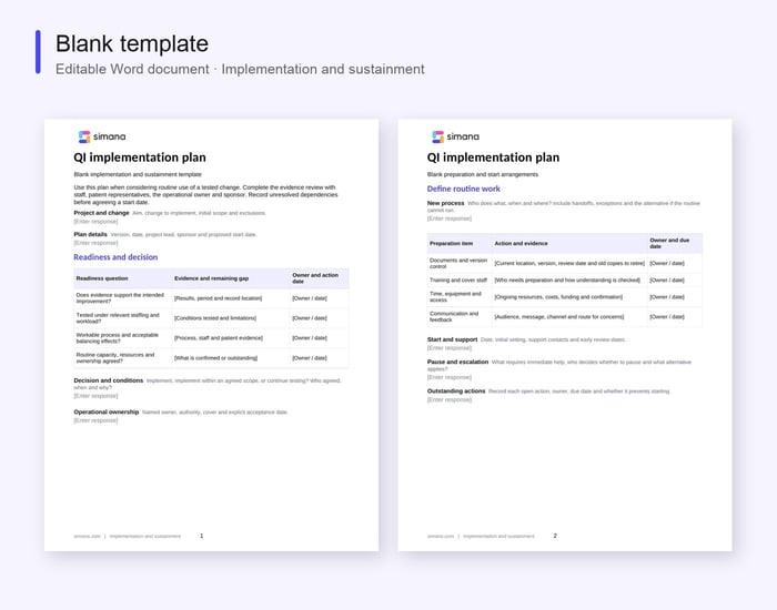 Blank QI implementation plan showing readiness review and preparation prompts