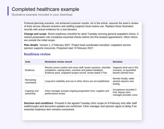 Completed healthcare implementation plan example with readiness review