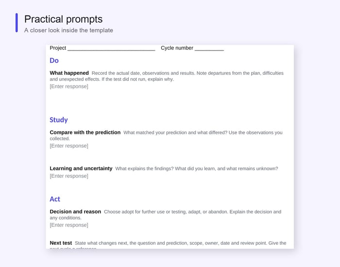 Close-up of the PDSA worksheet prompts for Do, Study and Act