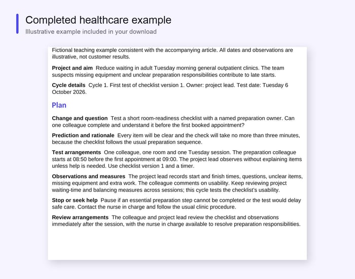 Completed healthcare PDSA example testing an outpatient room-readiness checklist
