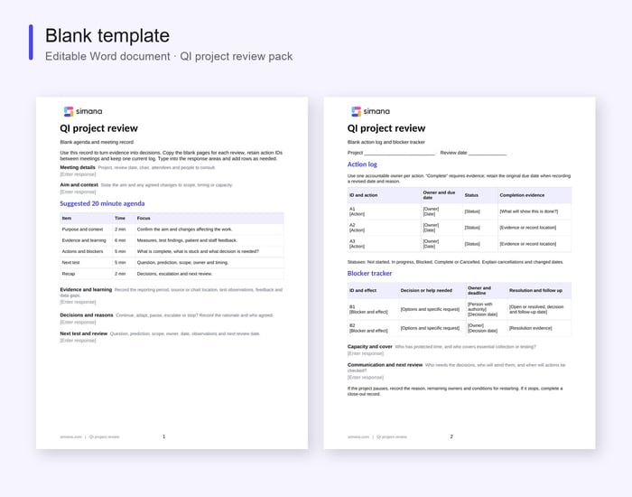 Blank QI project review agenda, action log and blocker tracker