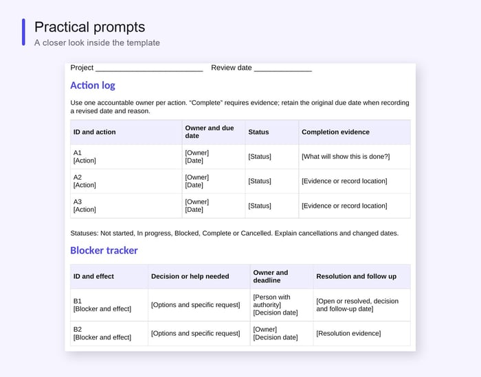 Close-up of the QI project action log and blocker tracker
