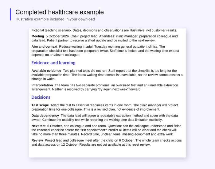 Completed QI project review example for restarting a stalled outpatient test